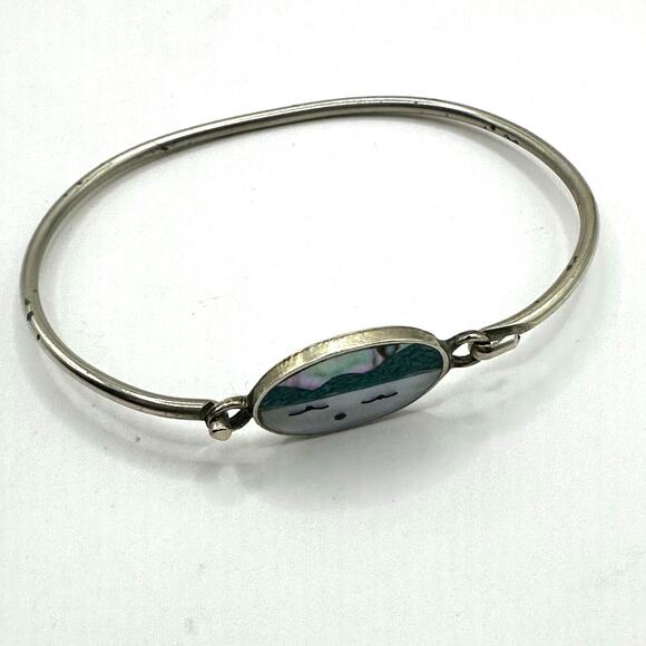 Alpaca Bracelet hooked Silver tone Beach Cloud Face Vintage Mother of Pearl - Picture 4 of 11